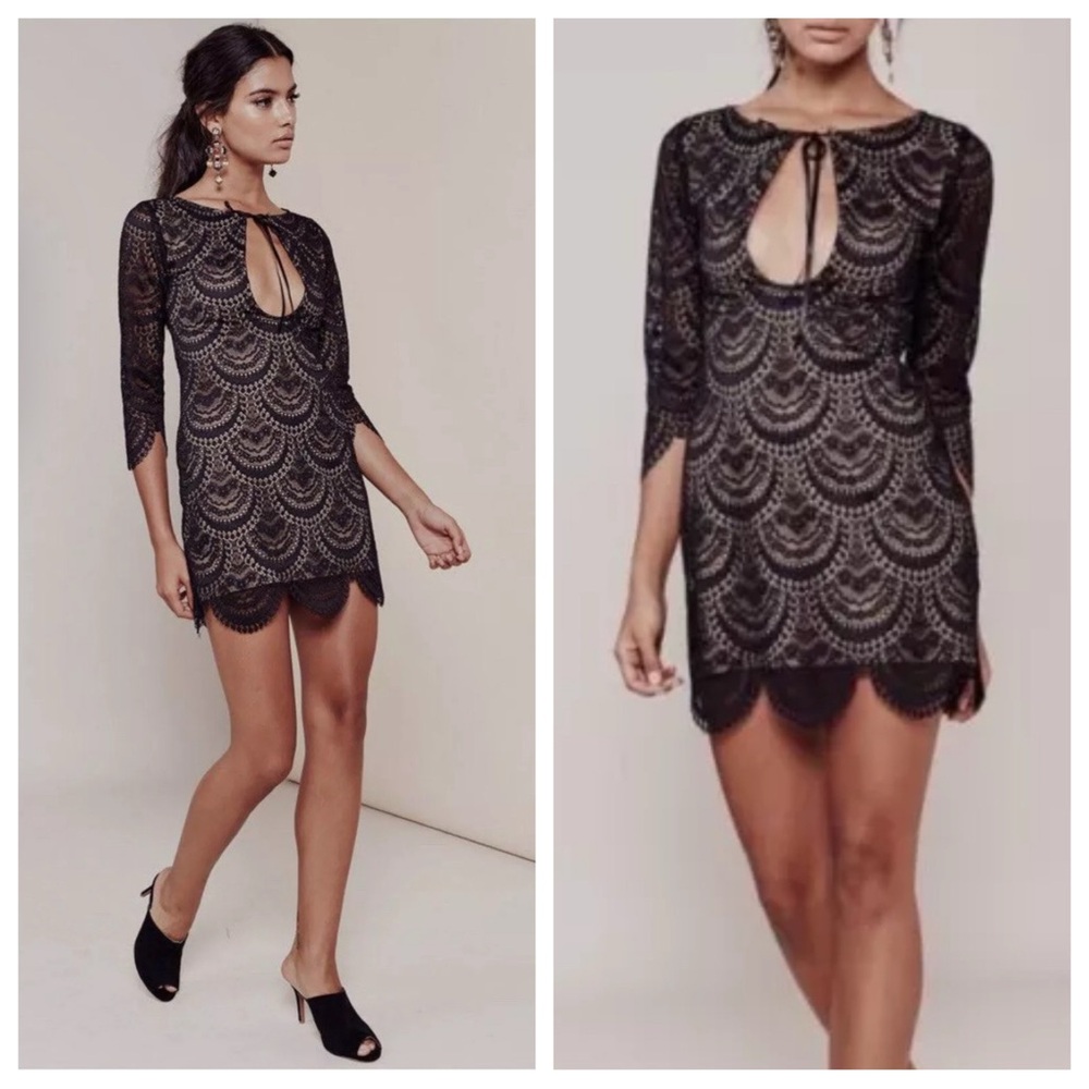 For Love And Lemons Rosalita Black Lace Mini Dress 3/4 Sleeves